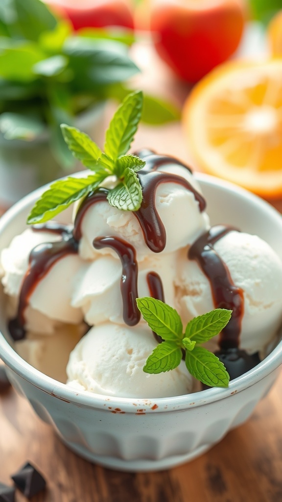 A bowl of vanilla ice cream with chocolate sauce and mint, on a rustic table.